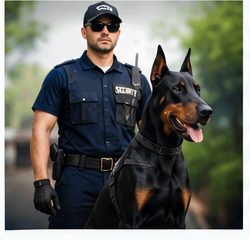 Professional security guard with trained security dog