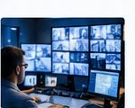 Security control room with CCTV monitoring wall